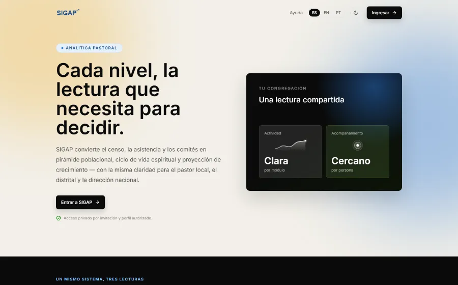 Sitio de SIGAP, sistema de gestión y analítica pastoral